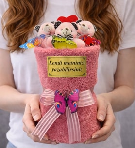 Kişiye Özel Yazılı Büyük Boy Premium Peluş Ayıcık Buketi Kişiye Özel Hediye - Pembe