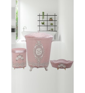 Lisa Pudra Pembe 3'lü Çeyizlik Dantelli Banyo Kirli Çamaşır Sepeti Seti