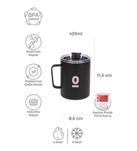 Paslanmaz Çelik Siyah Metal Kupa 360 ml Vakum Kapaklı Isı Yalıtımlı No:91