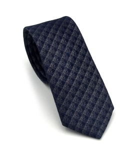 Gri Küp Desenli Lacivert Dokuma Kumaş Mendilli Slim Fit Kravat // SDK-2605-2