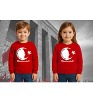Unisex Ay Yıldızlı 19 Mayıs 29 Ekim 23 Nisan 10 Kasım Atatürk Çocuk 3 İplik Şardonlu Sweatshirt (Kırmızı)