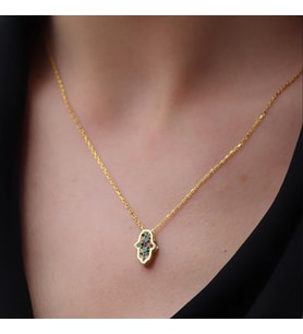 Gold Kaplama Çift Taraflı Fatma Ana Eli içi Zirkon Taşlı 925 Ayar Gümüş Kolye