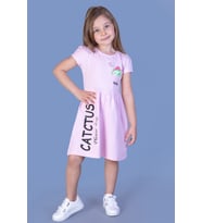 Toontoy Kız Çocuk Cebi Meow Nakışlı Taş İşlemeli Baskılı Elbise (Pembe)