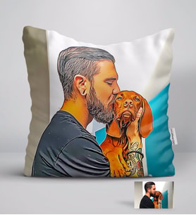 BK Gift Kişiye Özel Tam Boy Erkek ve Köpek Karikatürlü Beyaz Yastık-1