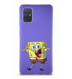 Samsung Galaxy A71 Soft Premier Kapak Sünger Bob Tasarımlı Silikon Kılıf - Mor (Şeffaf)