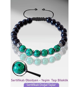 Sertifikalı Gerçek Doğal Obsidyen - Yeşim Taşı Bileklik - Ayarlamalı (Çok Renkli)