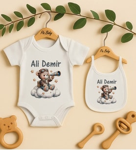 Pia Baby Premium %100 Pamuk İsme Özel Organik Baskılı Çıtçıtlı Bebek Body Ve Önlük 5007-20 (Ekru)
