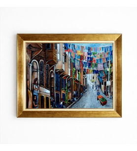 Tablore Nostaljik Eski İstanbul Sokak Yaşamı Kanvas Tablo Tarihi Evler Çerçeveli Duvar Tablosu