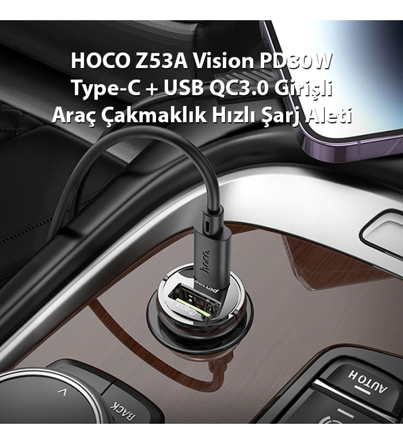 HOCO Z53A Vision PD30W Type-C + USB QC3.0 Girişli Araç Çakmaklık Hızlı Şarj Aleti