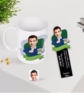BK Gift Kişiye Özel Erkek En İyi Öğretmen Karikatürlü Kupa Bardak ve Ahşap Kitap Ayracı-1