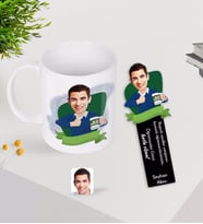 BK Gift Kişiye Özel Erkek En İyi Öğretmen Karikatürlü Kupa Bardak ve Ahşap Kitap Ayracı-1