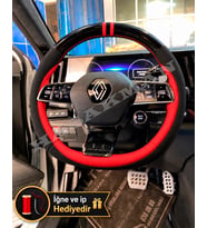 Renault Megane E-Tech Dikme Direksiyon Kılıfı Parlak Siyah Kırmızı Detaylı Kırmızı Çift Yüzük ve Dikiş 2022-2026