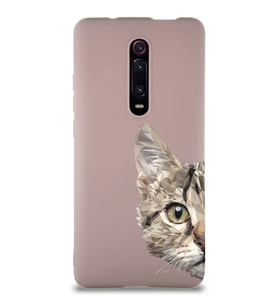 Xiaomi Mi 9T Pro Soft Premier Kapak Catface Tasarımlı Silikon Kılıf - Pudra (Şeffaf)