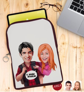 BK Gift Kişiye Özel Sevgililer Karikatürlü Taşınabilir Koruyucu Tablet Kılıfı & Organizer Çanta - Bordo-91