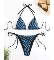 AMOR FACE ÖZEL TASARIM DANS EDEN ÇİZGİLER BASKILI BRAZİLİAN BEACH CLUB SEXY KADIN BİKİNİ TAKIMI (Mavi)
