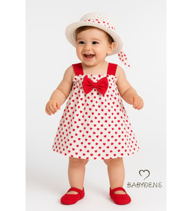 BABYDEN'S Kız Bebek Kalp Desenli Fiyonklu Yazlık Elbise Şapkalı Takım - Kırmızı Beyaz Pamuklu Bebek Elbisesi (Beyaz - Kırmızı)