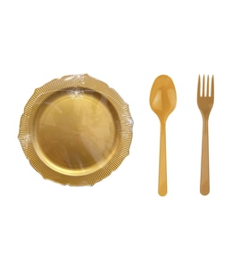 Omeyva 26 Cm. Altın Sorfa Sunum Seti - Sert Mika Plastik - 6 Kişilik Tabak Çatal Kaşık Takımı
