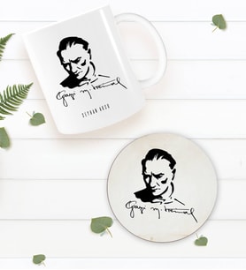BK Gift Kişiye Özel Atatürk Temalı Beyaz Kupa Bardak ve Yuvarlak Ahşap Bardak Altlığı Hediye Seti -19