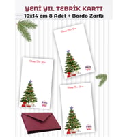 Yılbaşı  Çam Ağacı Figürlü Bordo Zarflı Tebrik Kartı  Seti, Mutlu Yıllar 8 Adet
