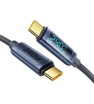Type-C to Type-C Dijital Ekranlı Hızlı Şarj Kablosu 1m, Örgülü Akıllı Göstergeli PD 3.1 480Mbps Data ve Veri Transfer Kablosu, MacBook, iPhone 15/16, Android ile Uyumlu - Siyah