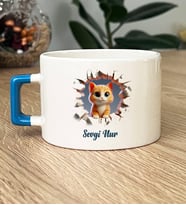 Kişiye Özel 3D Efektli Kedi Hediye Lüks Fincan İsimli İsim Yazılı (Mavi)