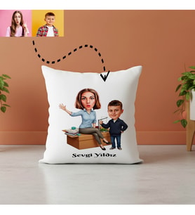 Karikatürlü Öğretmen Öğrenci Yastık