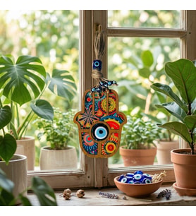 Nazar Boncuklu Fatıma Ana Eli Ahşap Desenli Hediyelik Duvar Süsü, 24 cm Hamsa (Sarı)