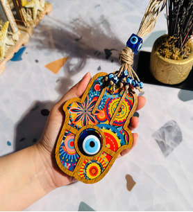 Nazar Boncuklu Fatıma Ana Eli Ahşap Desenli Hediyelik Duvar Süsü, 24 cm Hamsa (Sarı)