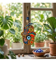 Nazar Boncuklu Fatıma Ana Eli Ahşap Desenli Hediyelik Duvar Süsü, 24 cm Hamsa (Sarı)