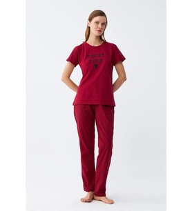 Kadın Bordo Kalp Desenli Kısa Kollu Penye Pijama Takımı