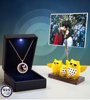 Size Özel Fotoğraflı Led Işıklı Kutusunda 925 Ayar Gümüş Kelebek Yuvası Kolye (Baykuşlu)