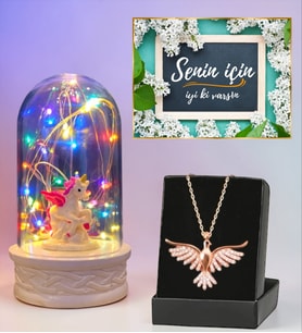 Renkli Led Işıklı Unicornlu Fanus ve Anka Kuşu Kolye Hediye Seti