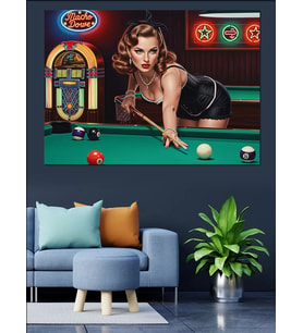 Bilardo Oynayan Retro Kadın Dekoratif Kanvas - Mdf Ahşap Tablo