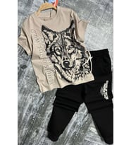 Erkek Çocuk Kara Kalem Kurt ve Yazı Baskılı Kahverengi T-Shirt Eşofman Takım