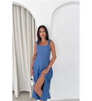 Neşeli butik kadın mavi sırt bağcıklı askılı midi boy kare yaka elbise NBK4672