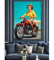 Klasik Kırmızı Motosiklet Süren Pin Up Kız Dekoratif Kanvas - Mdf Ahşap Tablo