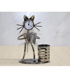 Metal Akordiyon Çalan Müzisyen Kedi Saat Ve Kalemlik