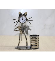 Metal Akordiyon Çalan Müzisyen Kedi Saat Ve Kalemlik