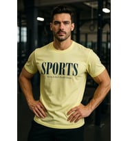 Erkek Sarı Basic T-shirt Baskılı Slim Fit %100 Pamuk Tişört