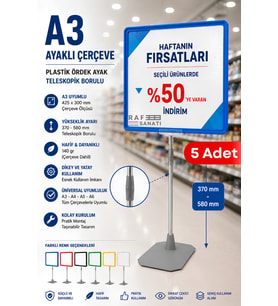 5 Adet - A3 Ayaklı Fiyat Etiketi Yönlendirme Levhası Teleskopik Çerçeve Seti Menü ve Fiyatlık Panosu Mavi