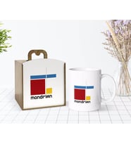 BK Gift Ahşap Kutuda Mondrian Style Tasarımlı Beyaz Kupa Bardak-1