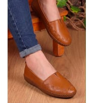 BEREN Hakiki Deri Taba Kadın Babet Ortopedik Taban Düz Motifli Slip-On Comfort Ayakkabı