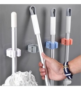 Duvar Tipi Mop & Paspas Tutucu 4'lü Set, Organizer, Banyo & Mutfak Düzenleyici, Yapışkanlı Montaj