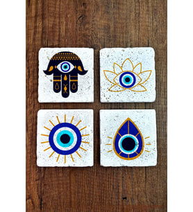 Doğal Taş Bardak Altlığı 4'lü Set 10x10x1 cm Nazar Boncuğu Desenli - EvilEye Stone Coasters 353