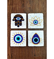 Doğal Taş Bardak Altlığı 4'lü Set 10x10x1 cm Nazar Boncuğu Desenli - EvilEye Stone Coasters 353