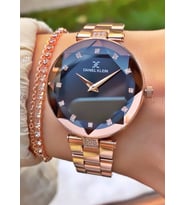 Daniel Klein Kadın Kol Saati – Rose Gold Çelik Kordon – Siyah Taşlı Kadran – Şık Hediye Seti