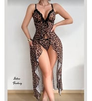 Intive Fantasy Leopar Desen V Yaka Önden Bağlamalı Önü Açık Volanlı Uzun Gecelik