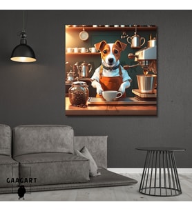 Kare Kanvas Kahve Köşesi Cafe Tablosu Barista  Jack Russell