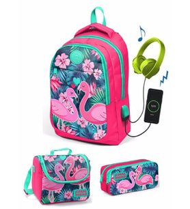 Coral High Kız Çocuk Narçiçeği Flamingo 3'lü Çanta Takımı - USB Soketli