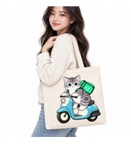 Motorlu Kurye Kedi Baskılı Kanvas Çanta 35x40 cm – 260 Gr
